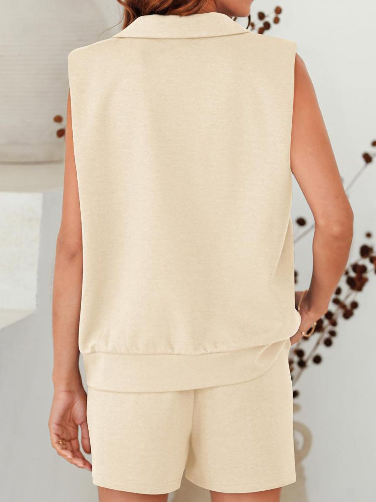 Damen Unifarben V-Ausschnitt Kurzarm Bequem Lässig Bluse mit Hose Zweiteiliges Set