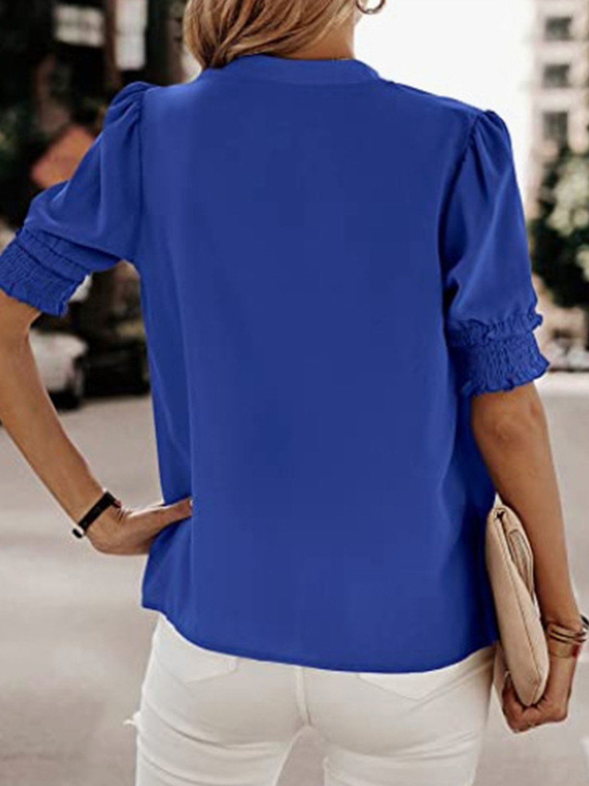 V-Ausschnitt Kurzarm Unifarben Leicht Weit Bluse für Damen