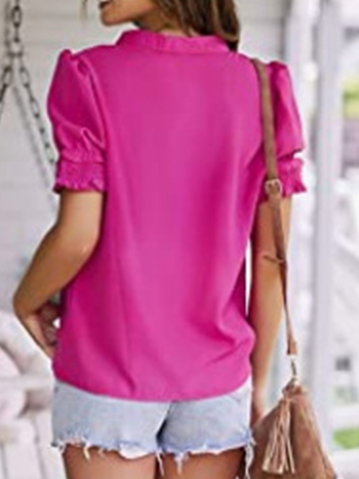 V-Ausschnitt Kurzarm Unifarben Leicht Weit Bluse für Damen