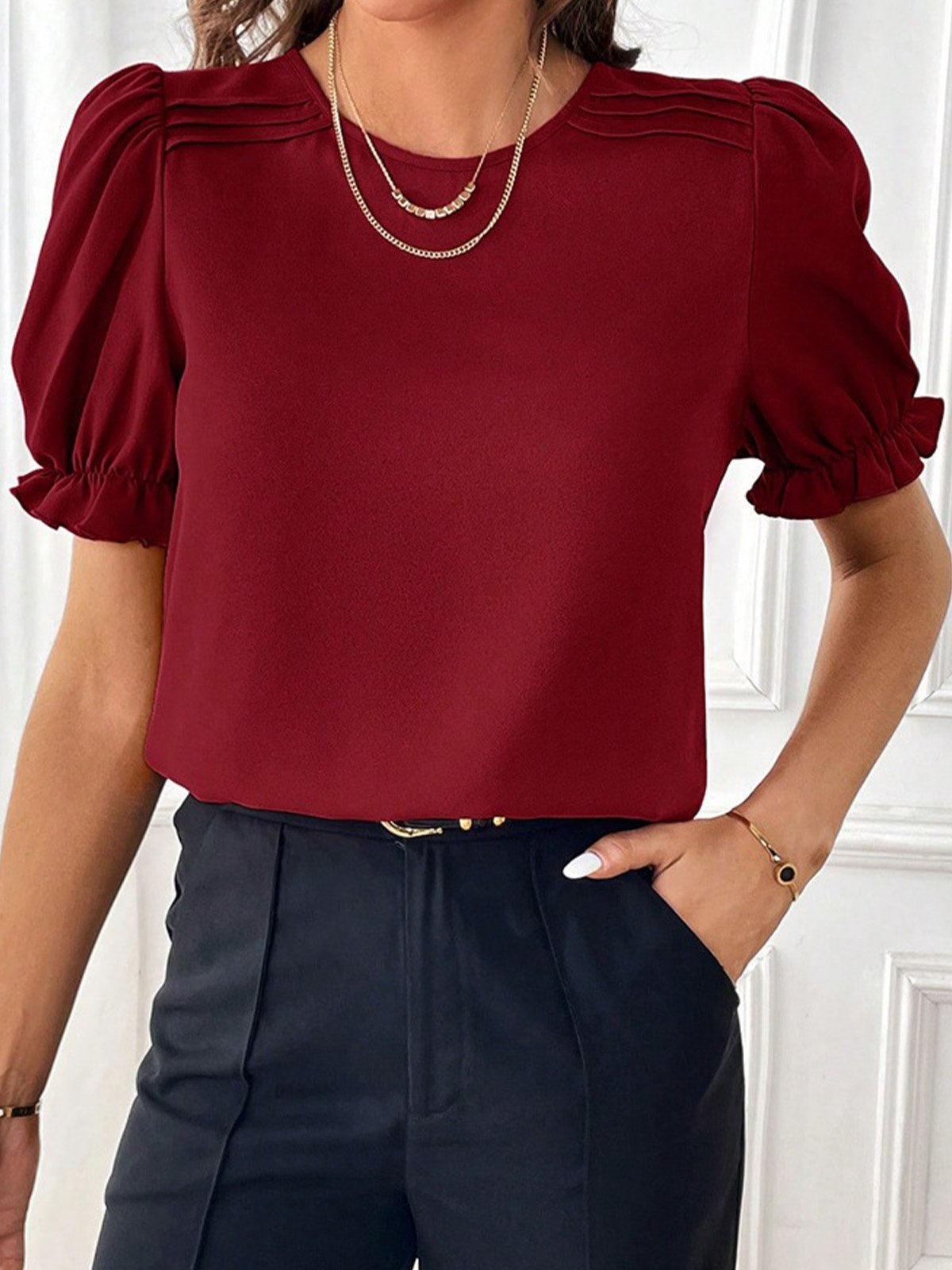 Rundhals Kurzarm Unifarben Regelmäßig Regelmäßige Passform Bluse für Damen