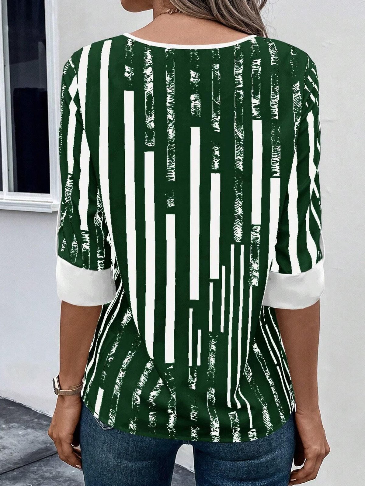 V-Ausschnitt Halbarm abstrakte Streifen Regelmäßig Weit Bluse für Damen