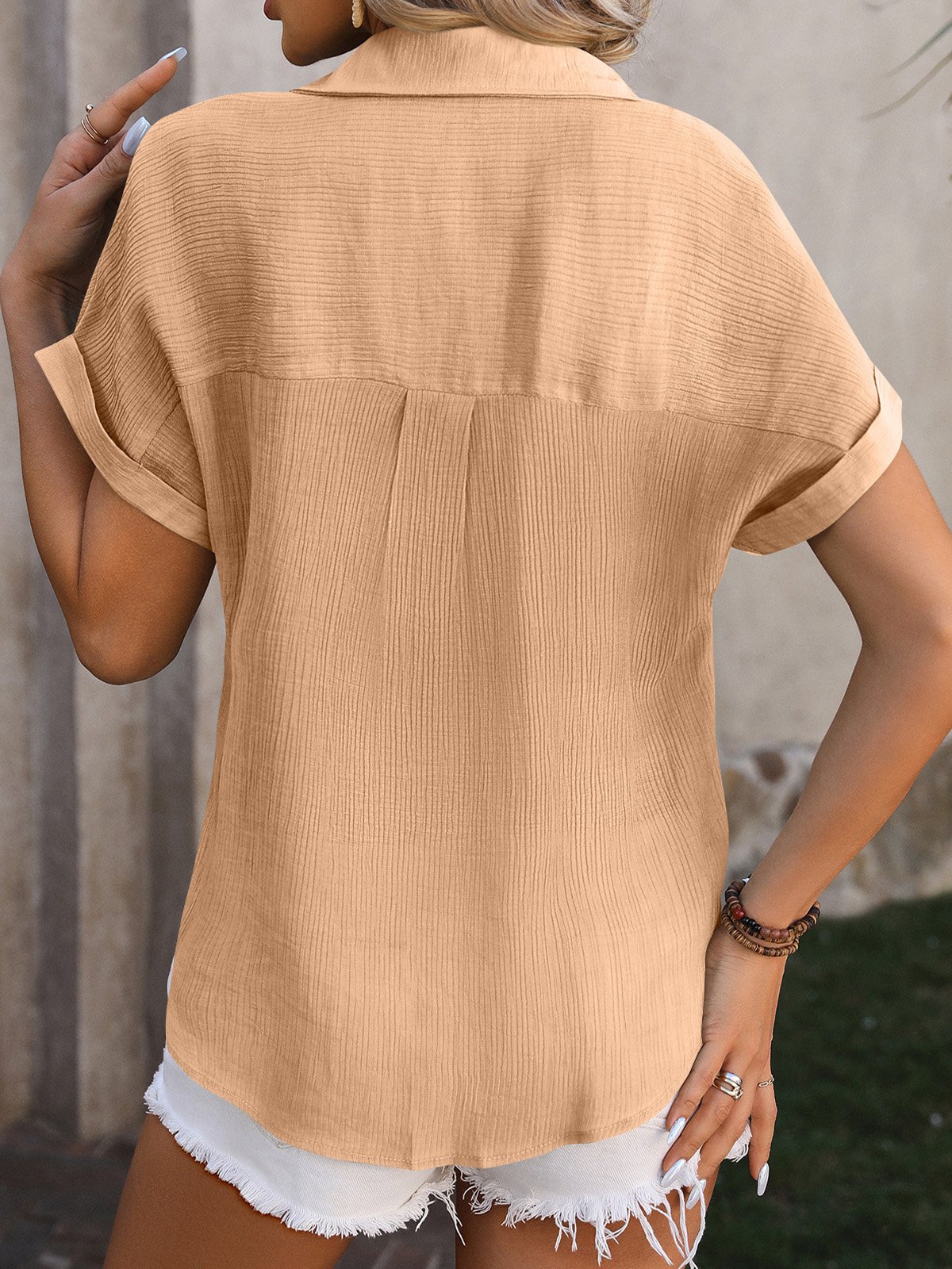 Hemdkragen Kurzarm Unifarben Regelmäßig Weit Bluse für Damen