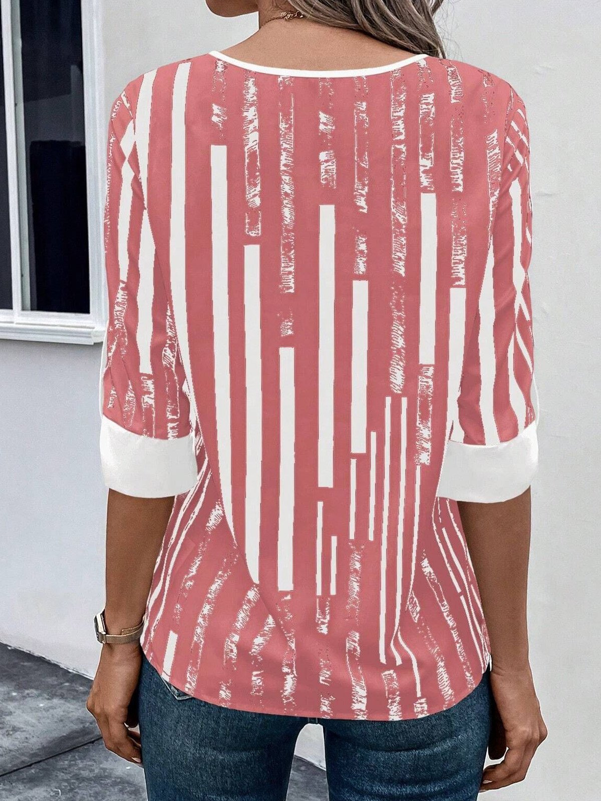 V-Ausschnitt Halbarm abstrakte Streifen Regelmäßig Weit Bluse für Damen