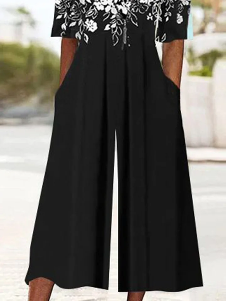 Damen Kurzarm V-Ausschnitt Weit Knöchelhose Tasche Patchwork Täglich Lässig Geblümt Normal T-Shirt Jumpsuit