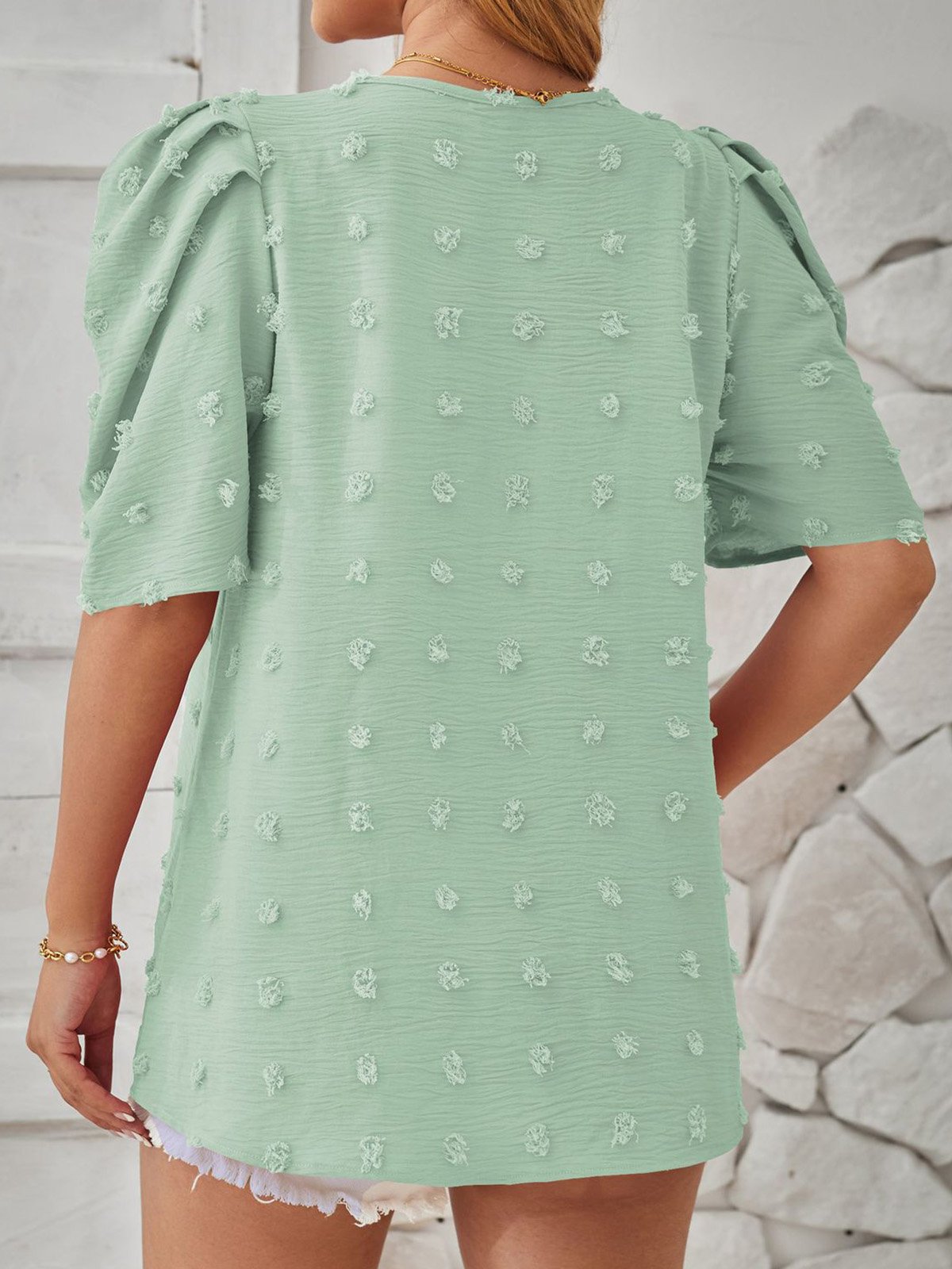 Rundhals Kurzarm Polka Dots Regelmäßig Mikroelastizität Regelmäßige Passform Bluse für Damen