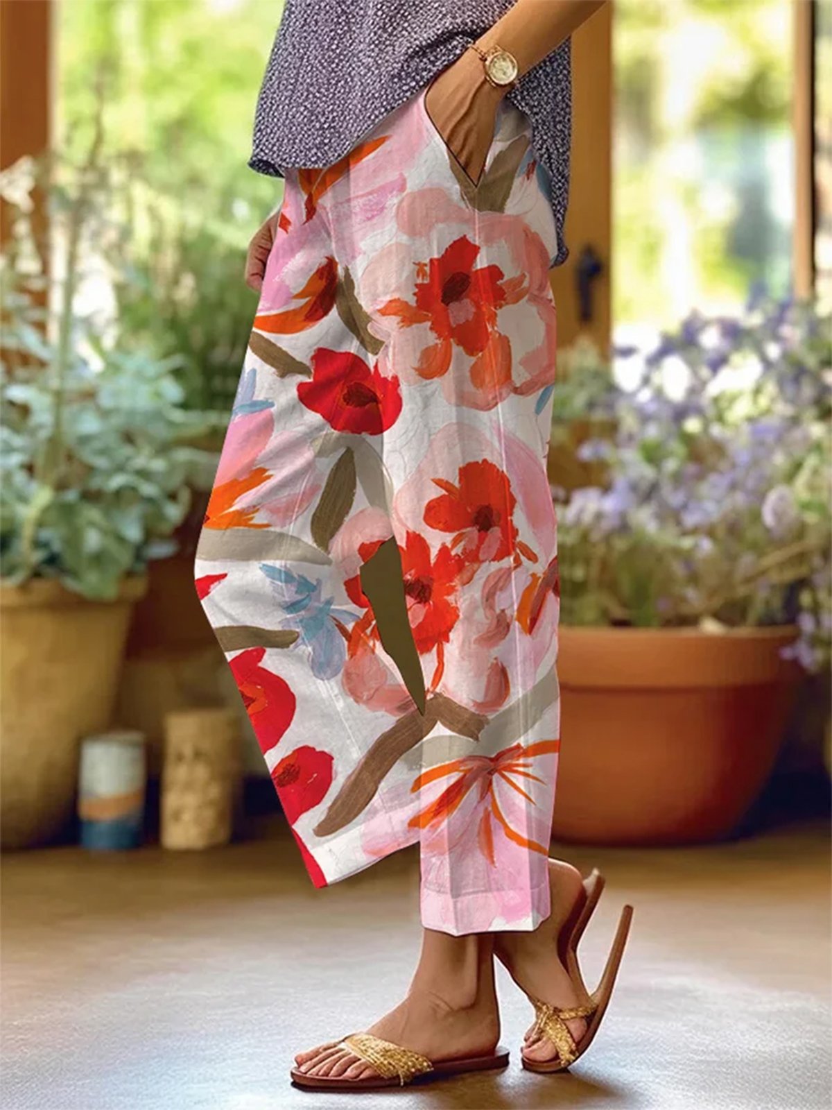 Lässig Geblümt Knöchelhose Elastische Taille Taschennähen Hose