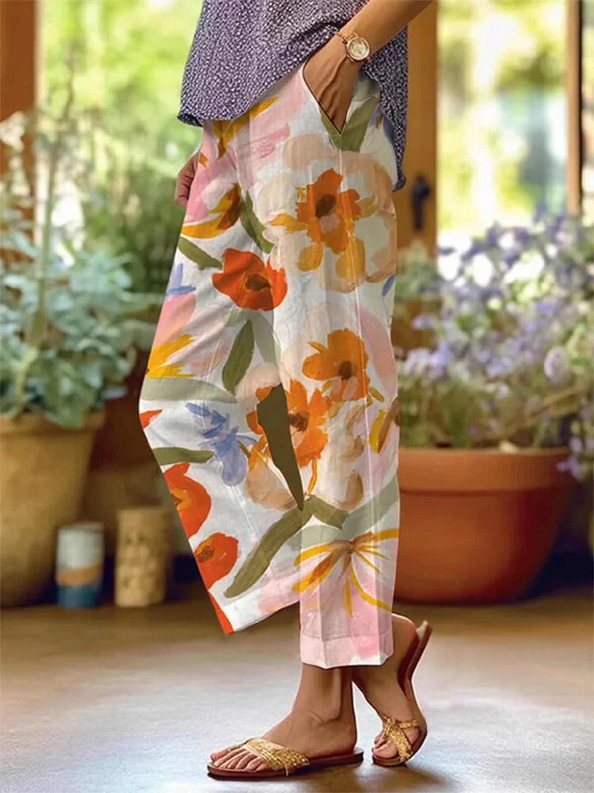 Lässig Geblümt Knöchelhose Elastische Taille Taschennähen Hose