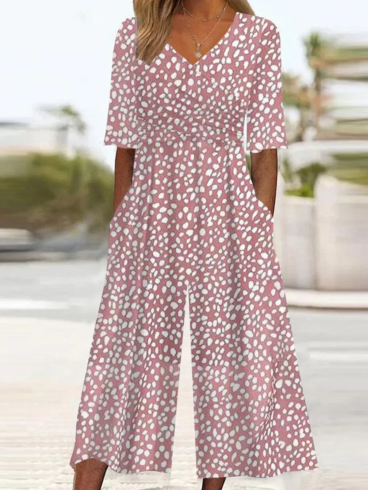 Damen Kurzarm V-Ausschnitt Weit Knöchelhose Täglich Lässig Polka Dots Normal Jumpsuit