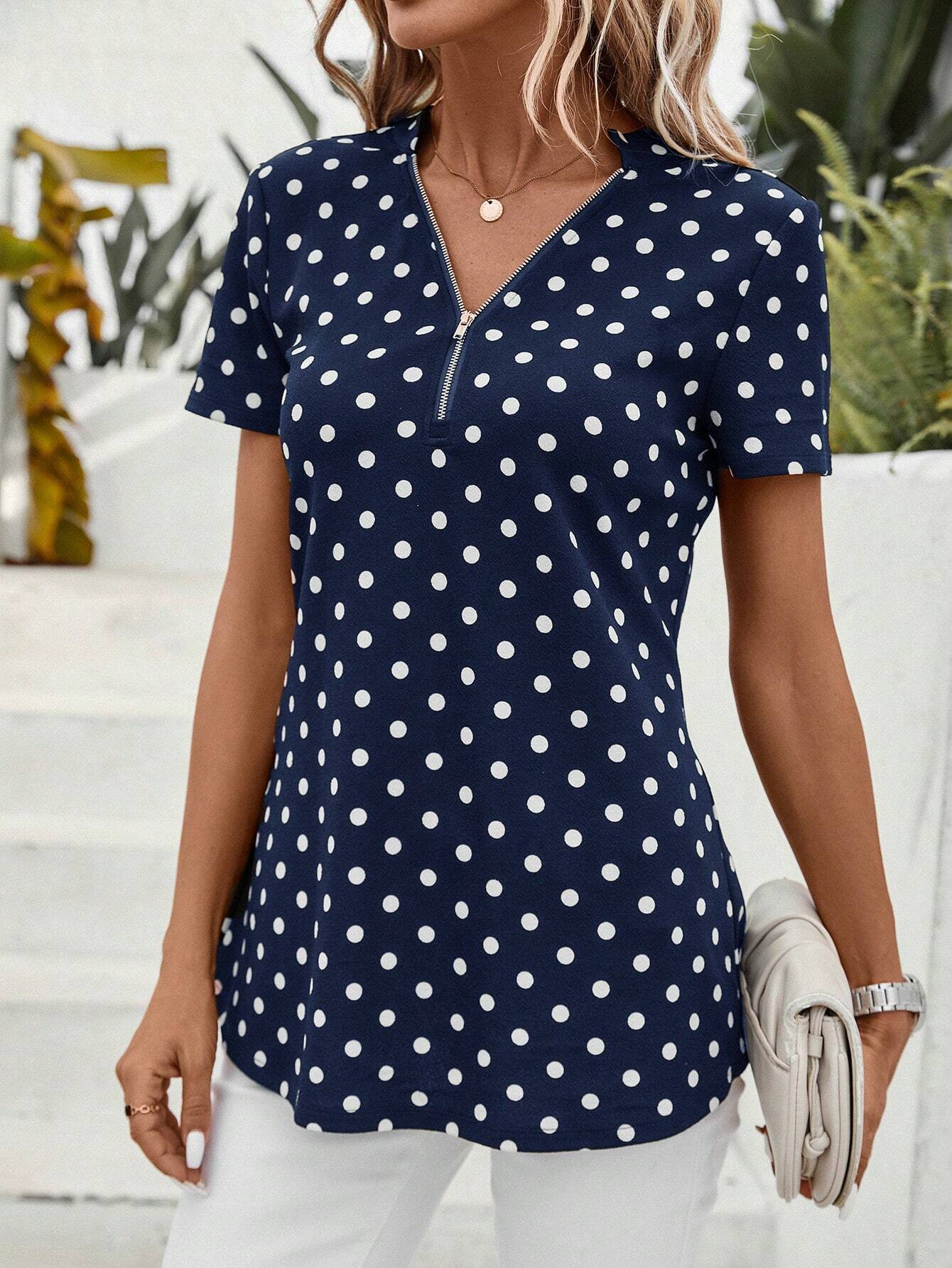 V-Ausschnitt Kurzarm Polka Dots Reißverschluss Regelmäßig Mikroelastizität Regelmäßige Passform Bluse für Damen