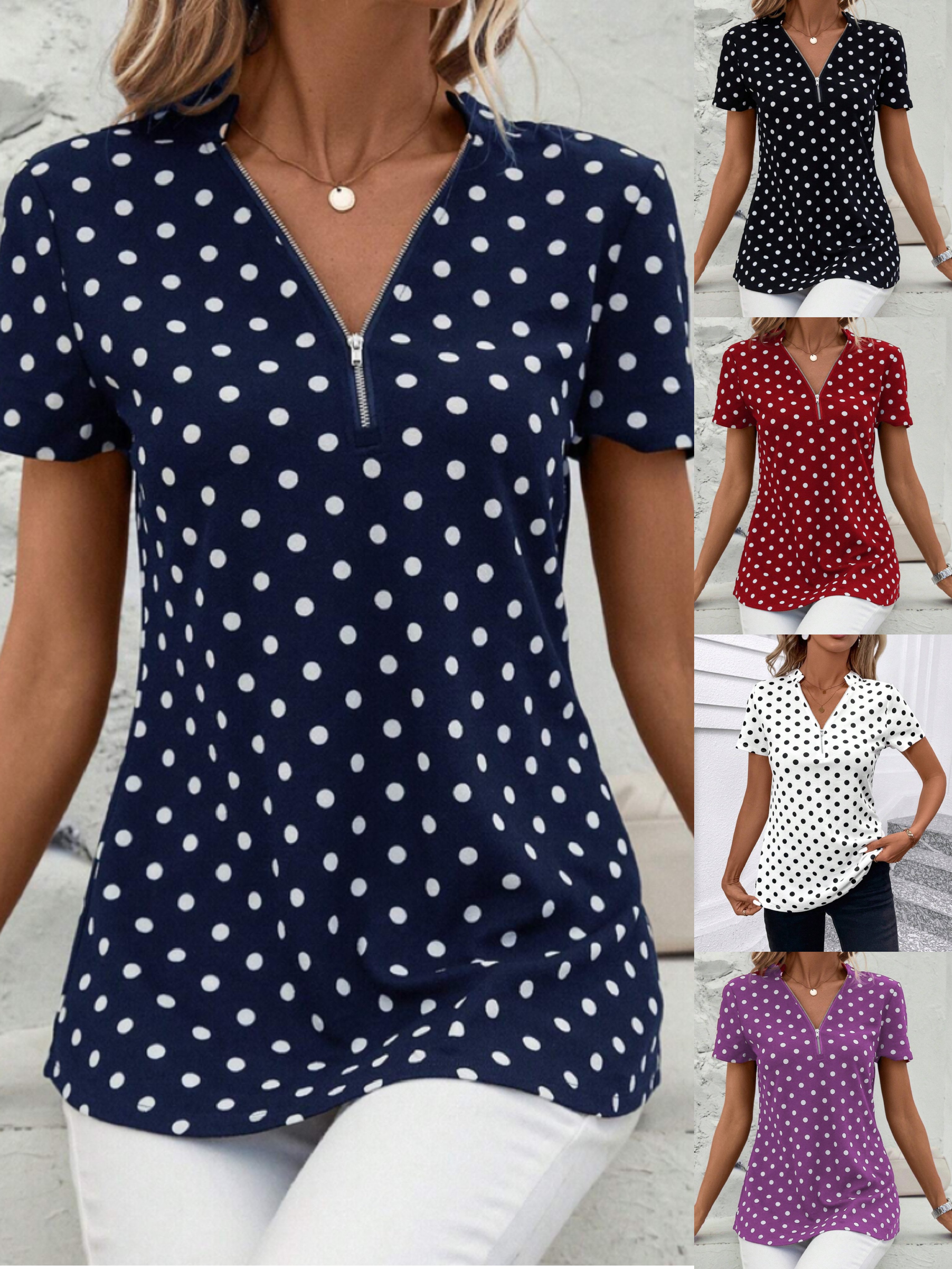 V-Ausschnitt Kurzarm Polka Dots Reißverschluss Regelmäßig Mikroelastizität Regelmäßige Passform Bluse für Damen