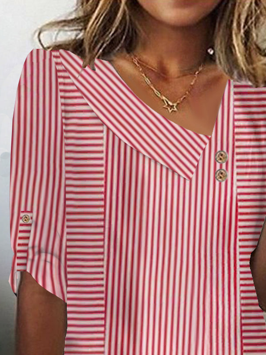 Lässig Gestreift Asymmetrisch Dreiviertelärmel T-Shirt