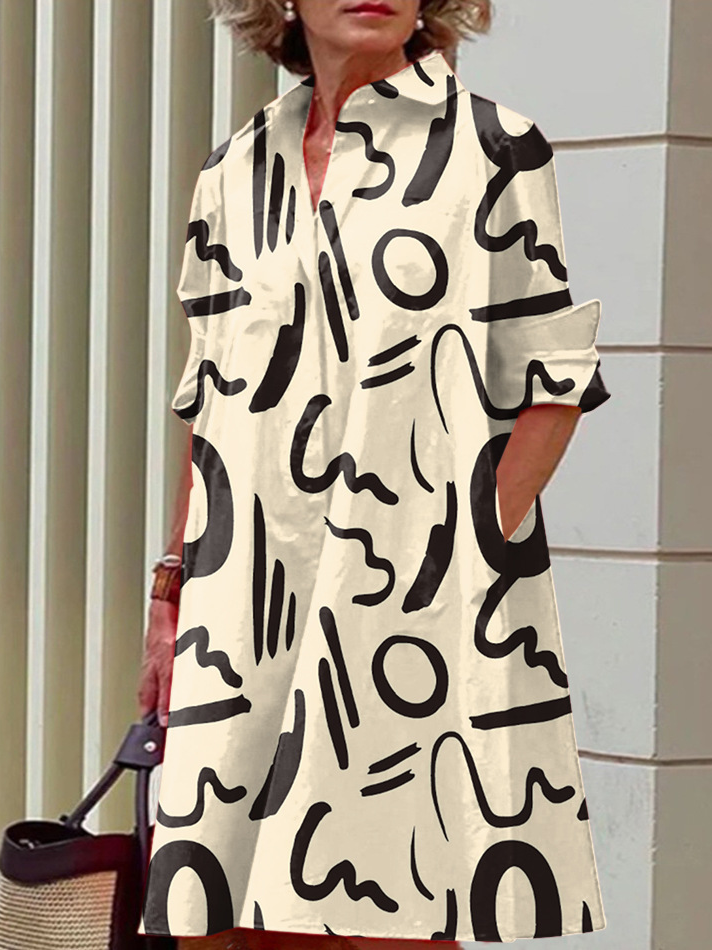 Damen Zufälliger Druck Hemdkragen Langarm Bequem Lässig Taschennähen Midikleid