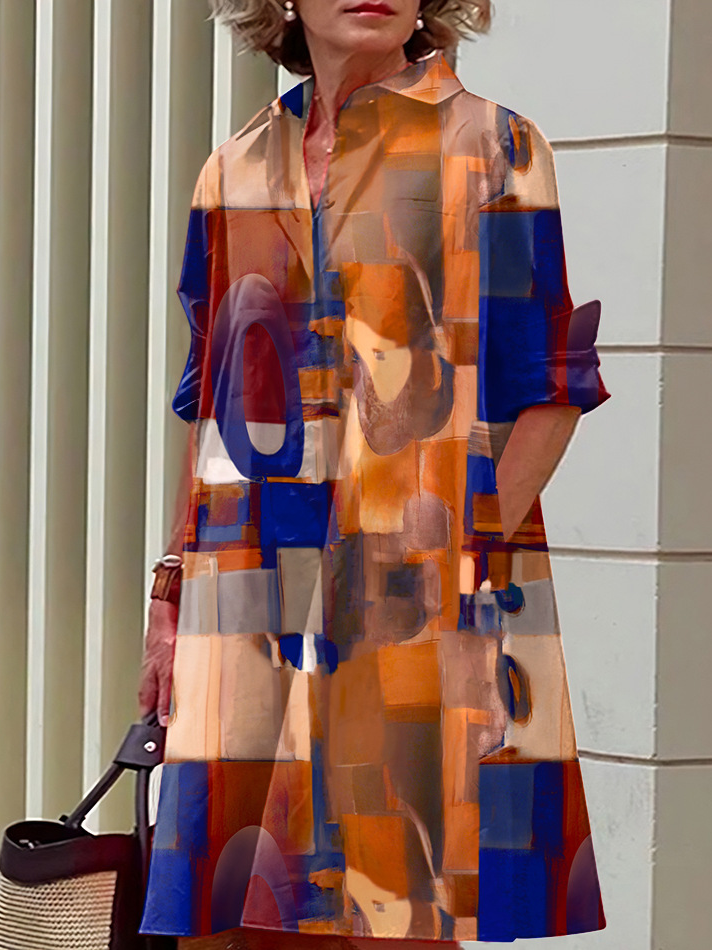 Damen Zufälliger Druck Hemdkragen Langarm Bequem Lässig Taschennähen Midikleid