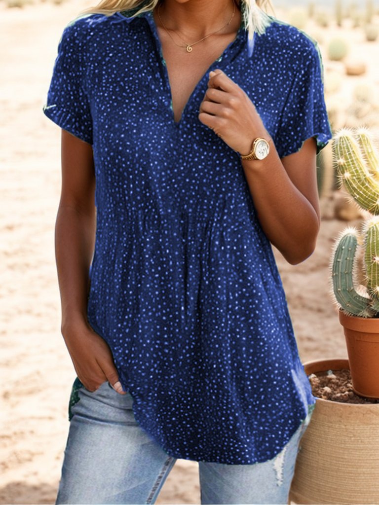 Hemdkragen Kurzarm Polka Dots Regelmäßig Weit Tunika Bluse für Damen