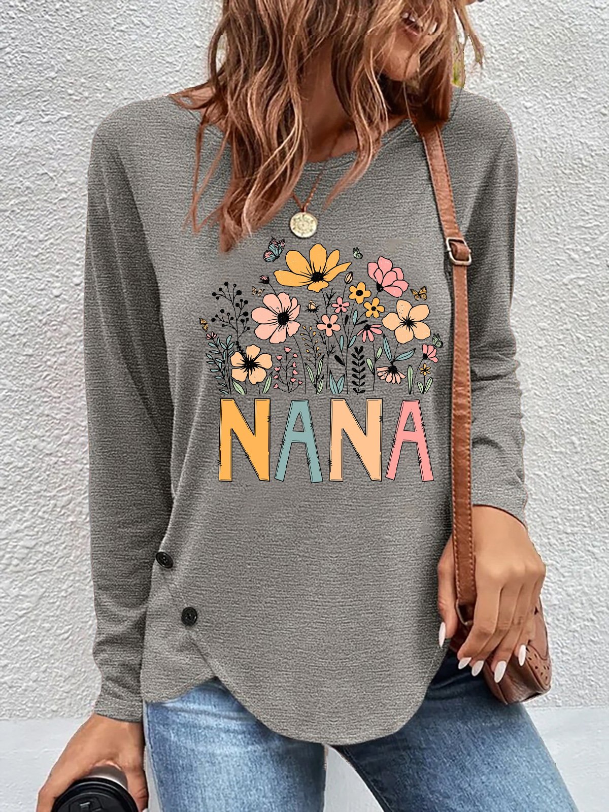 Lässig Geblümt Rundhals Langarm T-Shirt