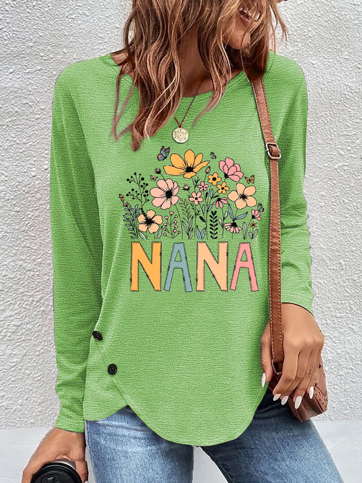 Lässig Geblümt Rundhals Langarm T-Shirt