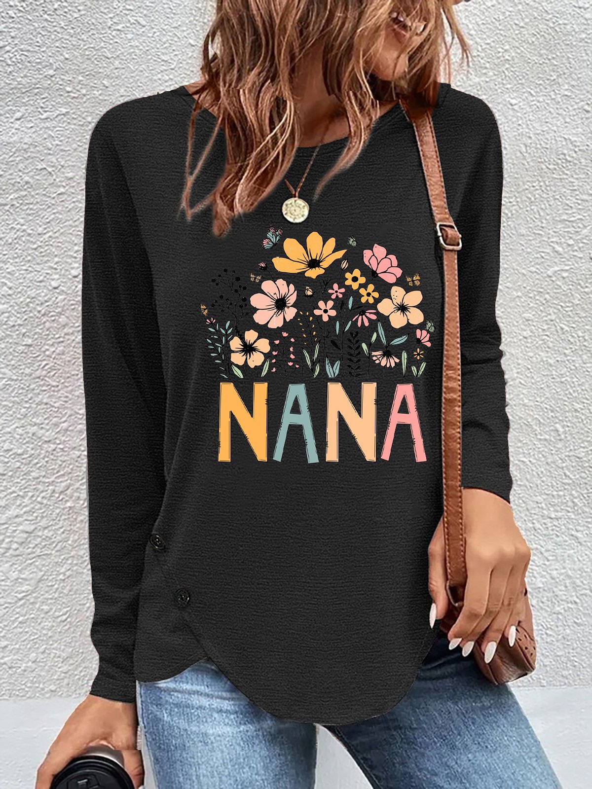 Lässig Geblümt Rundhals Langarm T-Shirt