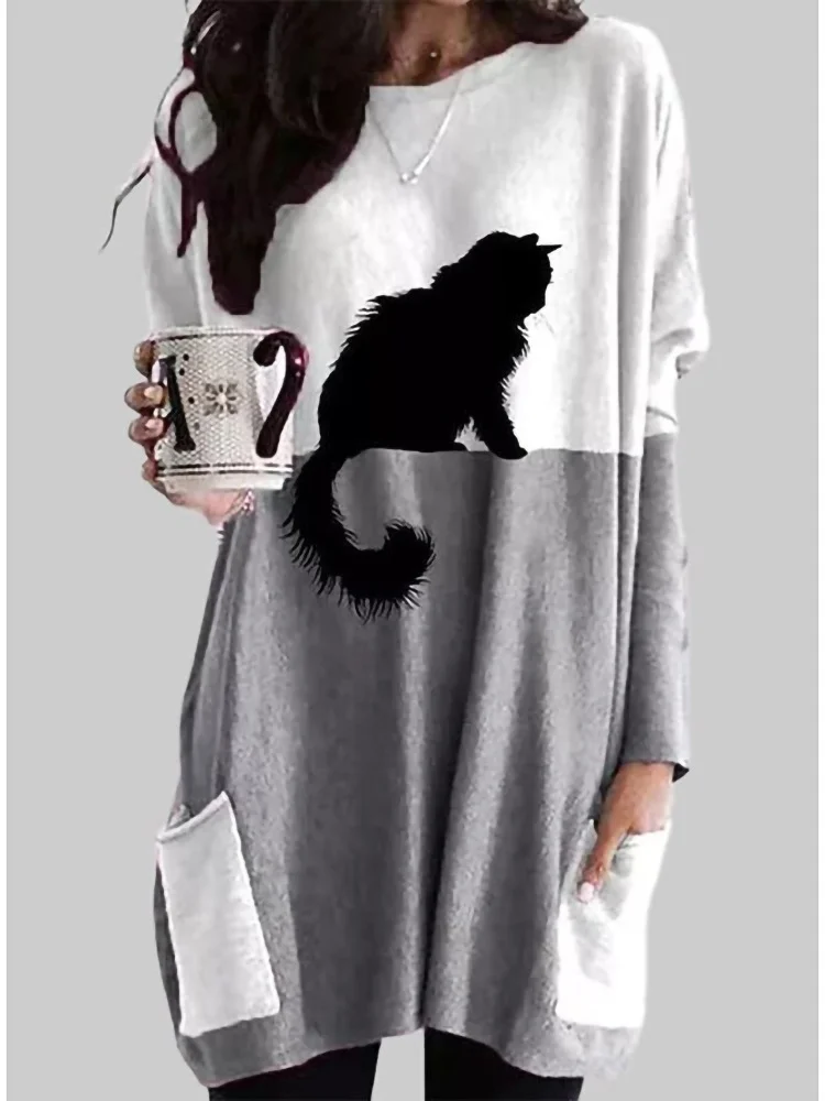 Lässig Katze Rundhals Langarm T-Shirt