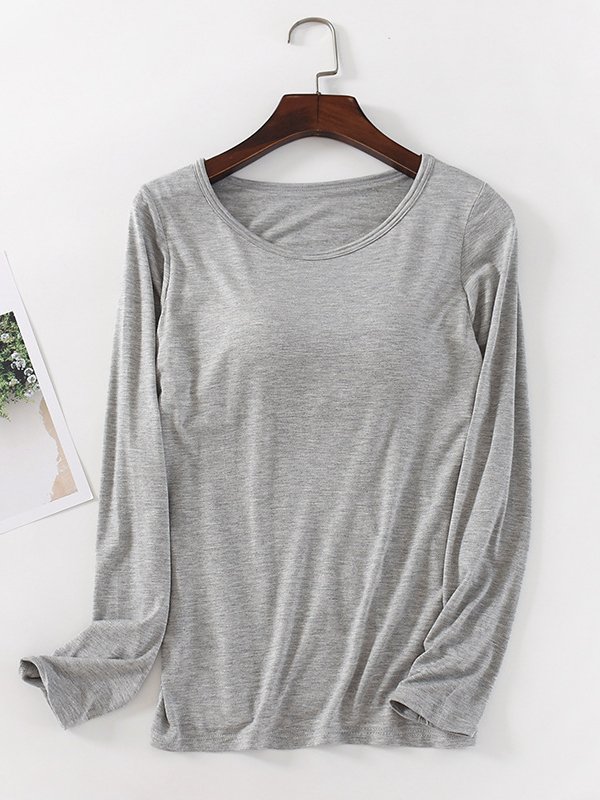 Lässig Unifarben Rundhals Langarm T-Shirt