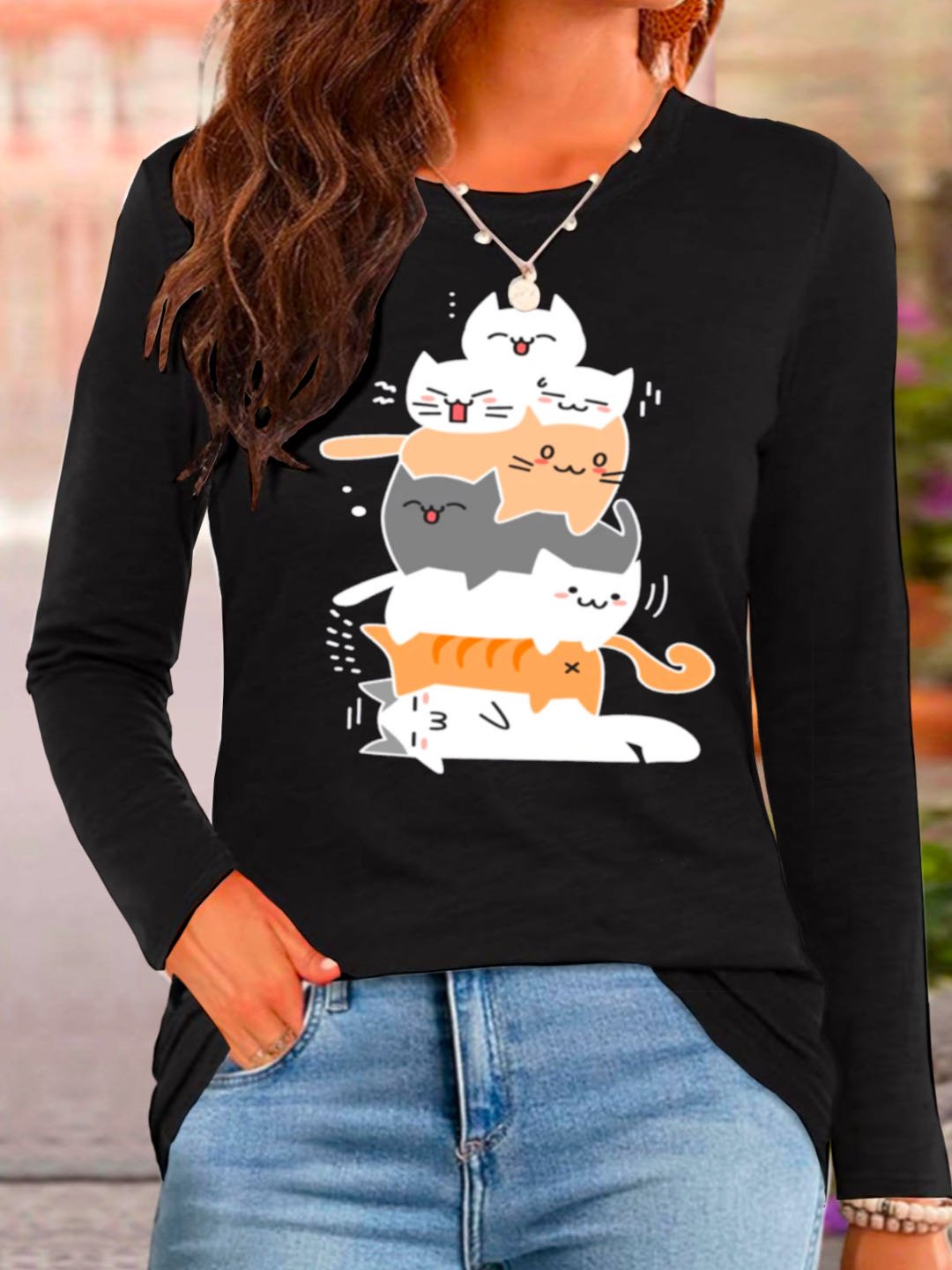 Lässig Katze Rundhals Langarm T-Shirt