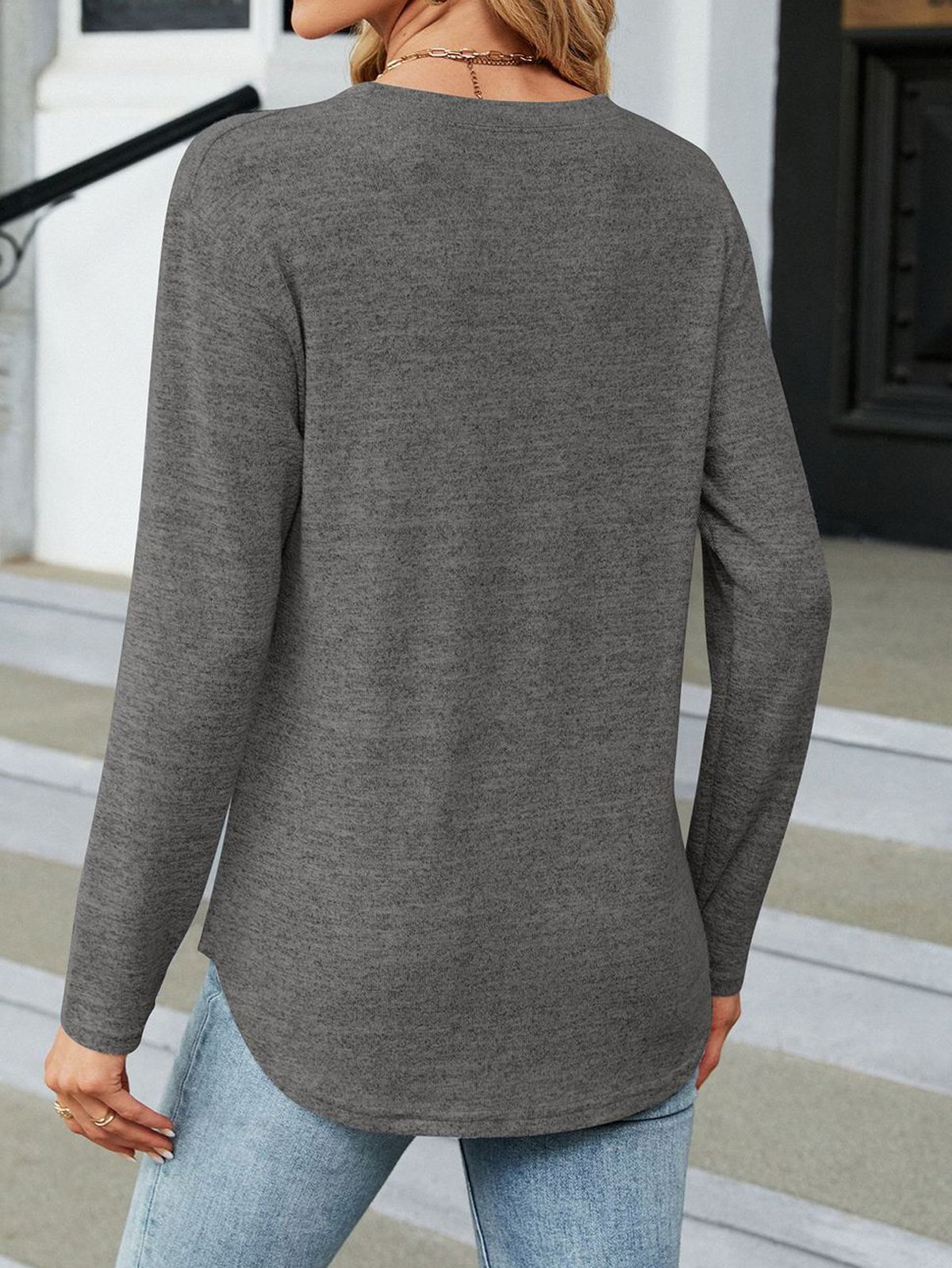 Lässig Unifarben Rundhals Langarm T-Shirt