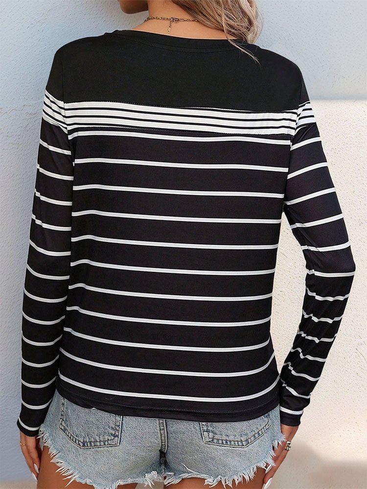 Lässig Gestreift Rundhals Langarm T-Shirt