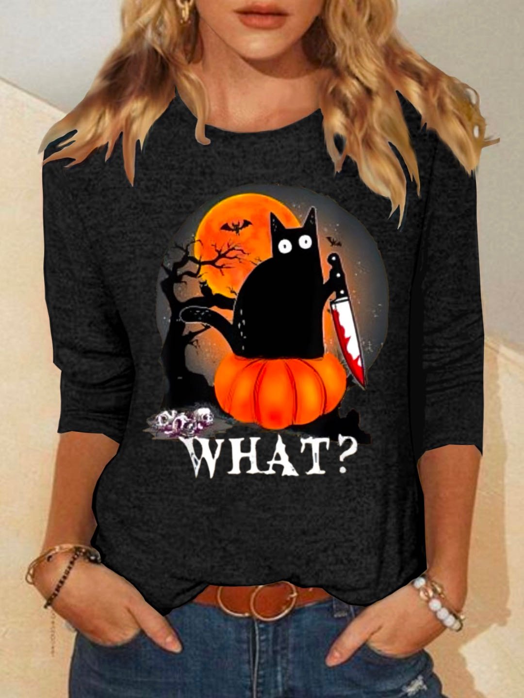 Lässig Katze Rundhals Langarm T-Shirt
