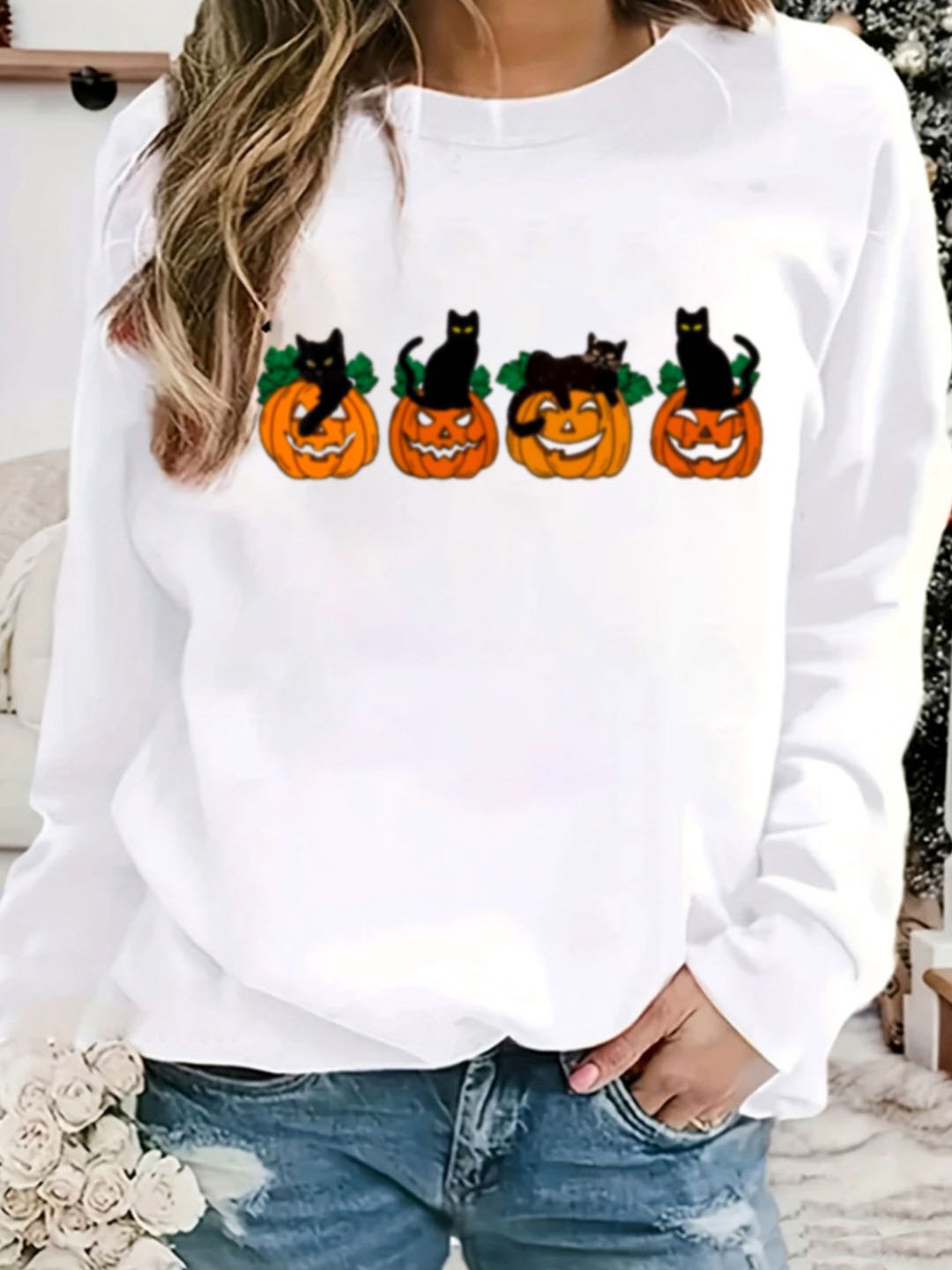 Lässig Rundhals Katze Sweatshirt