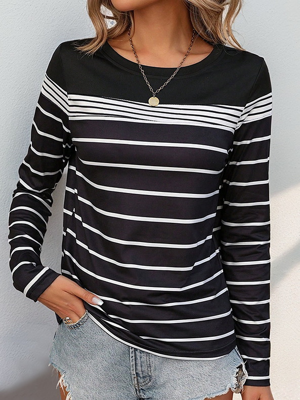 Lässig Gestreift Rundhals Langarm T-Shirt