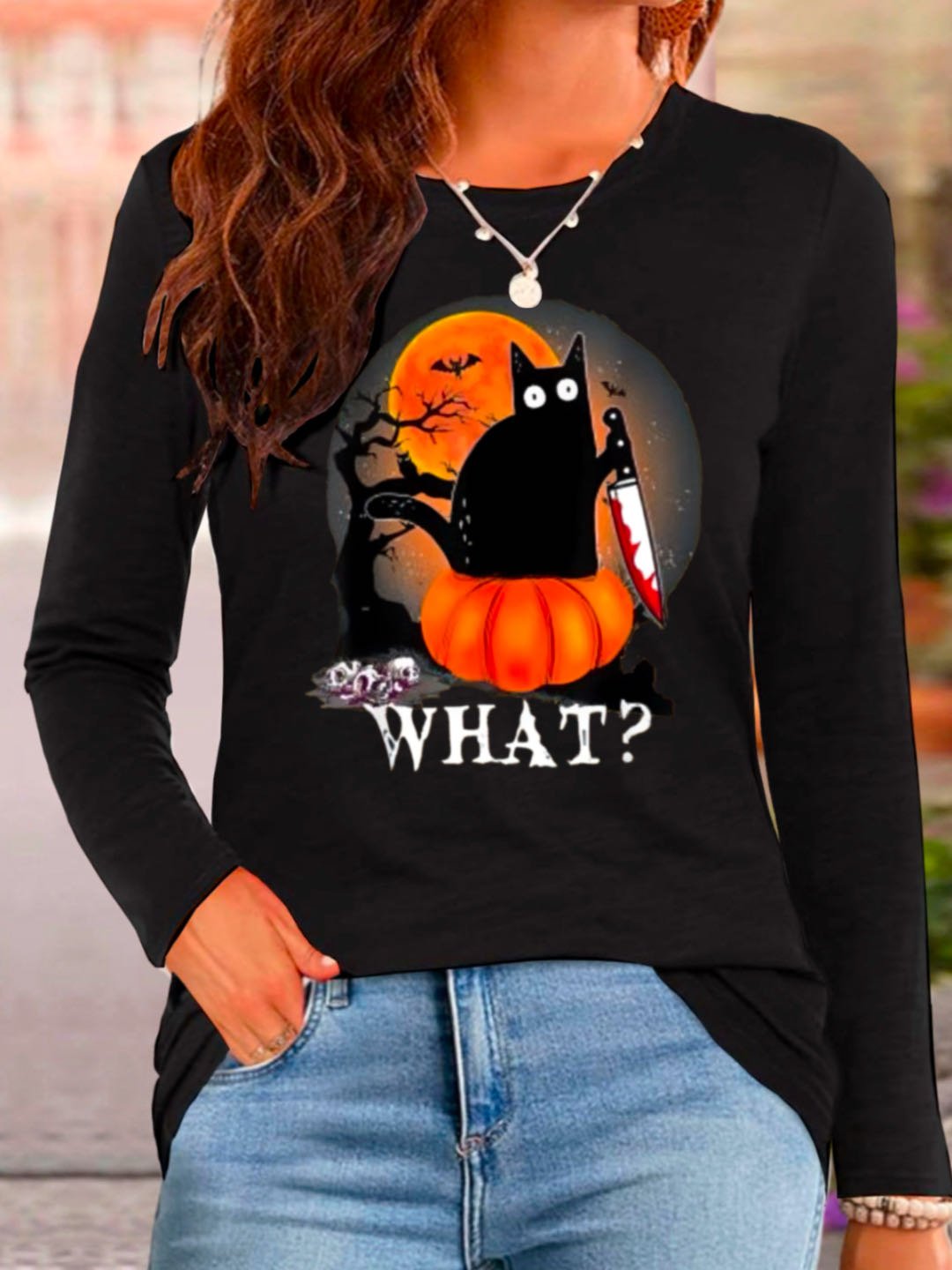 Lässig Katze Rundhals Langarm T-Shirt