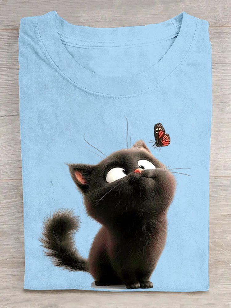 Lässig Katze Rundhals Kurzarm T-Shirt