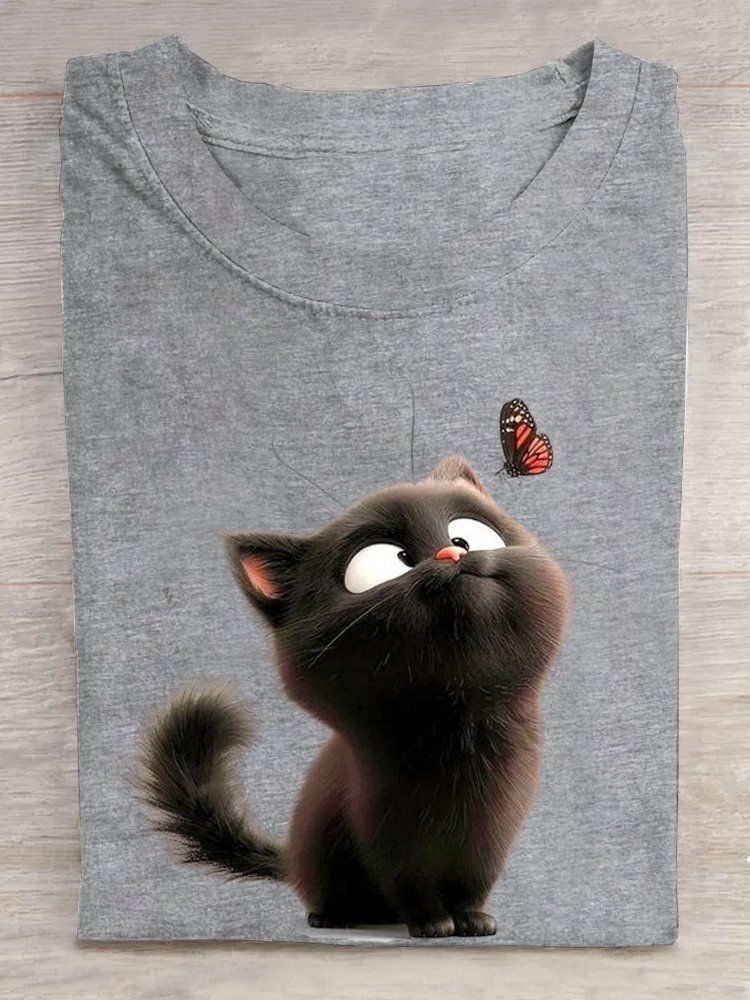 Lässig Katze Rundhals Kurzarm T-Shirt