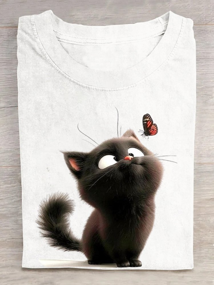 Lässig Katze Rundhals Kurzarm T-Shirt
