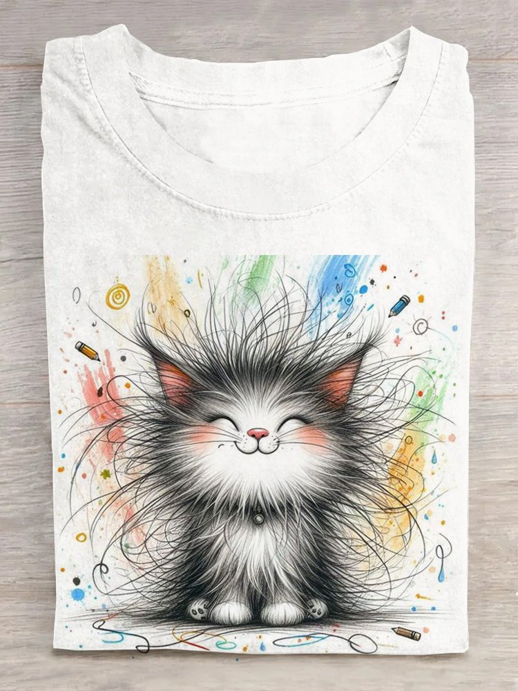 Lässig Katze Rundhals Kurzarm T-Shirt