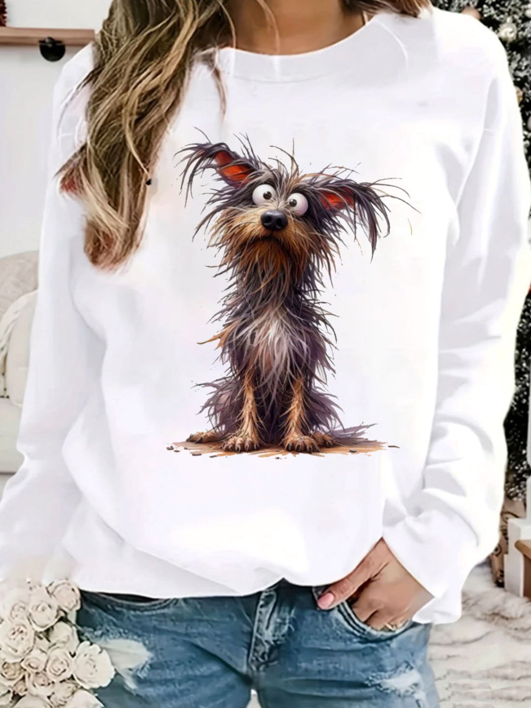 Lässig Rundhals Hund Sweatshirt