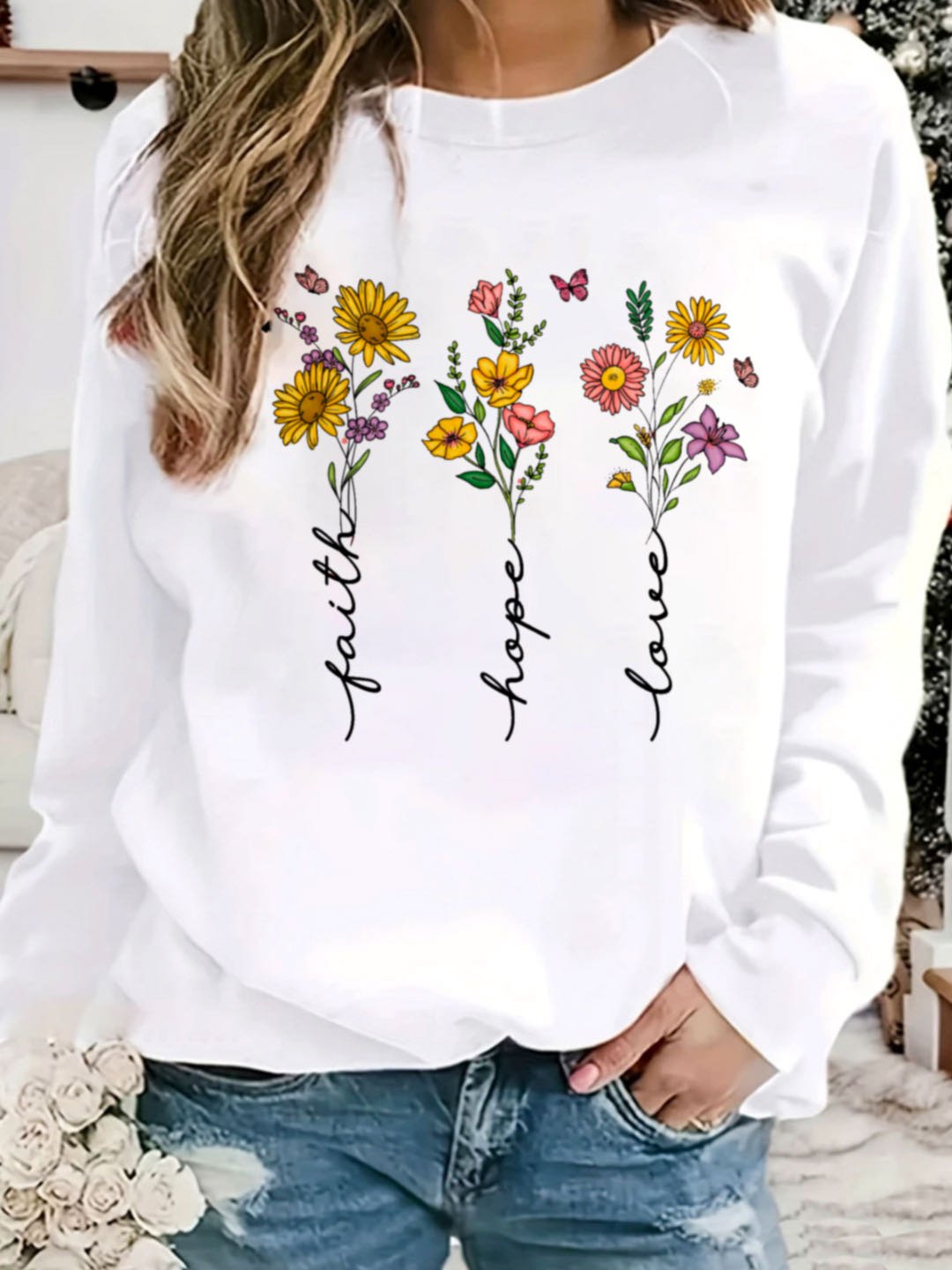Lässig Rundhals Geblümt Sweatshirt