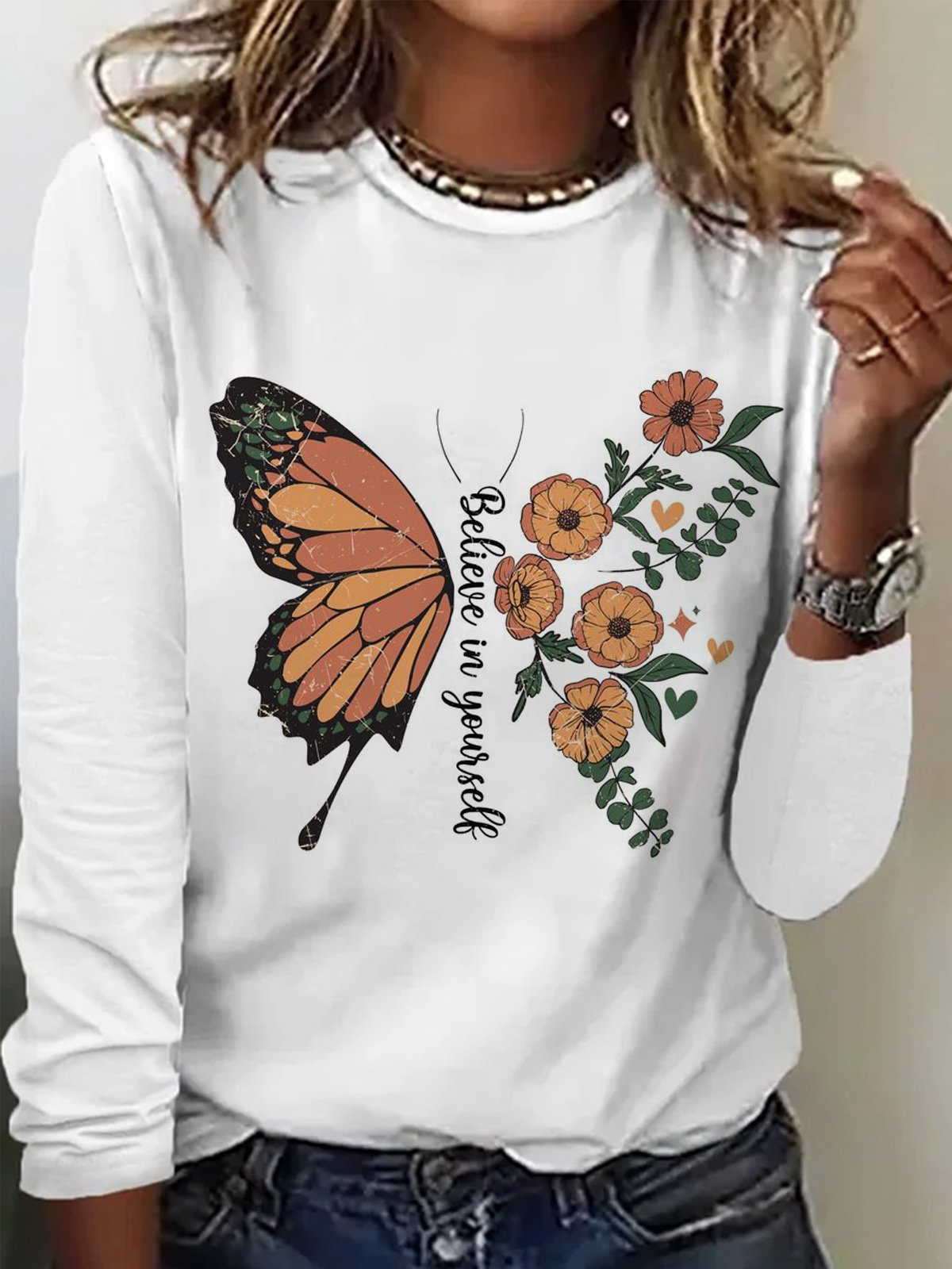 Lässig Geblümt Rundhals Langarm T-Shirt