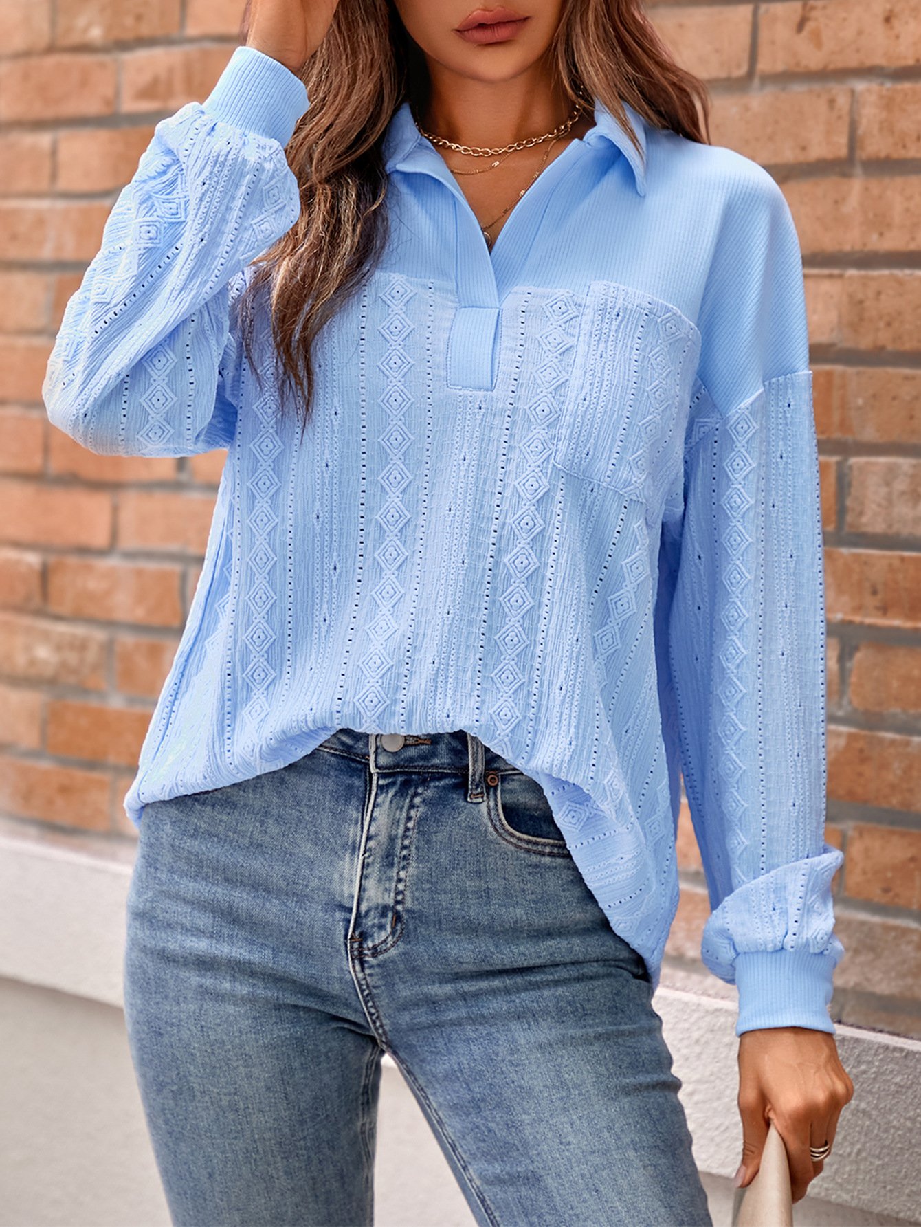 Schalkragen Langarm Unifarben Regelmäßig Weit Bluse für Damen