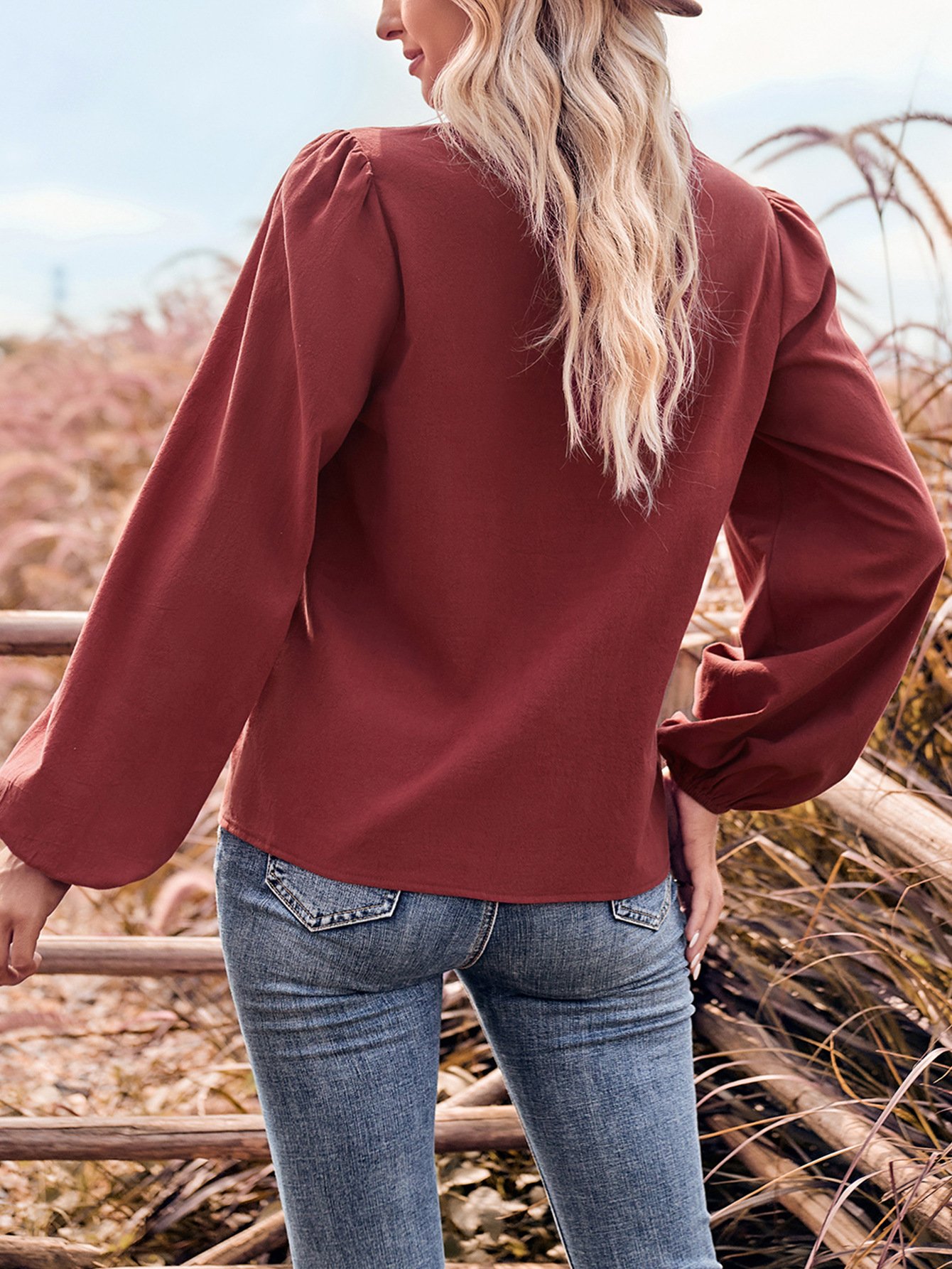 V-Ausschnitt Langarm Unifarben Regelmäßig Weit Bluse für Damen