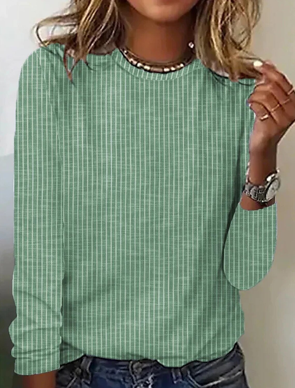 Lässig Gestreift Rundhals Langarm T-Shirt