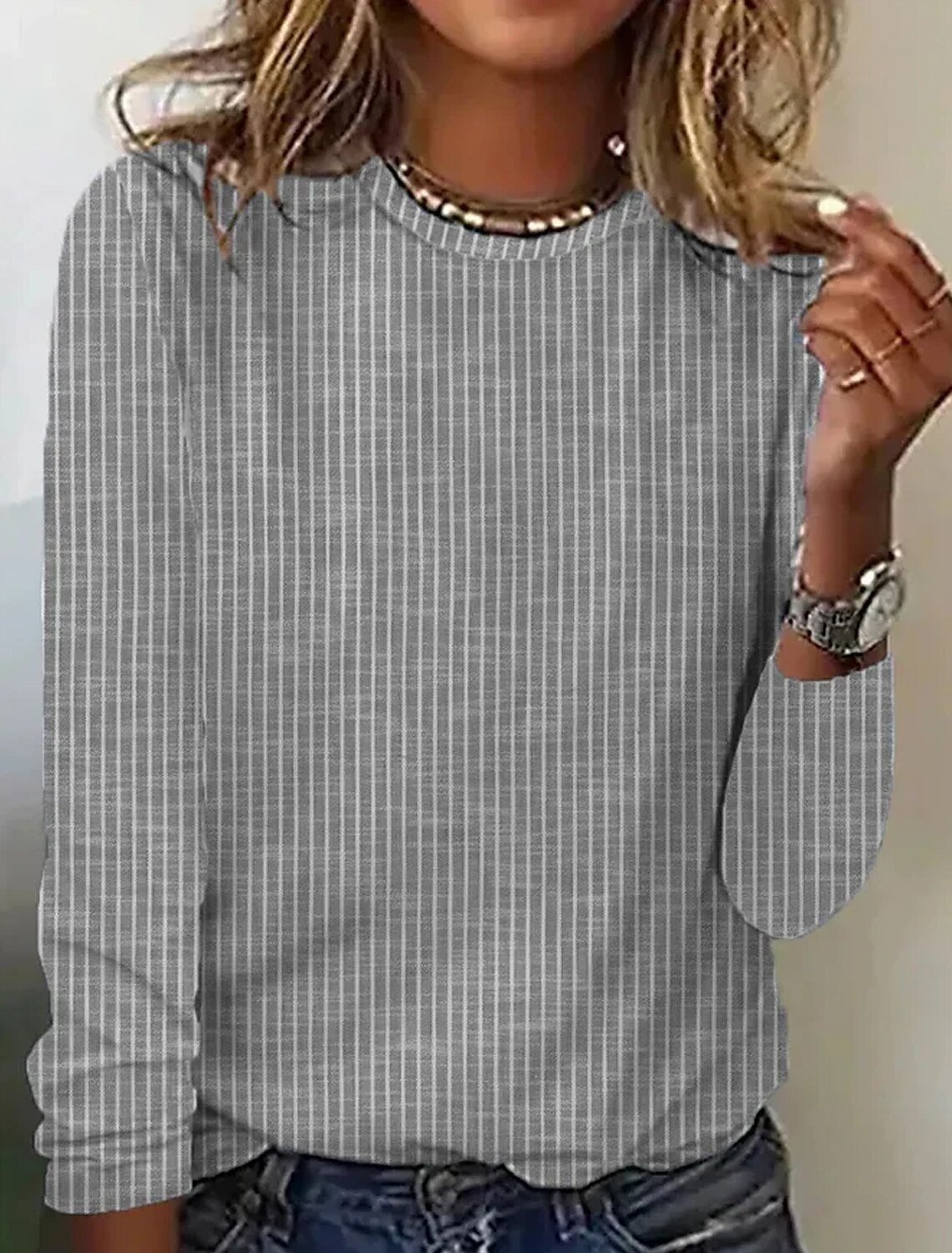 Lässig Gestreift Rundhals Langarm T-Shirt