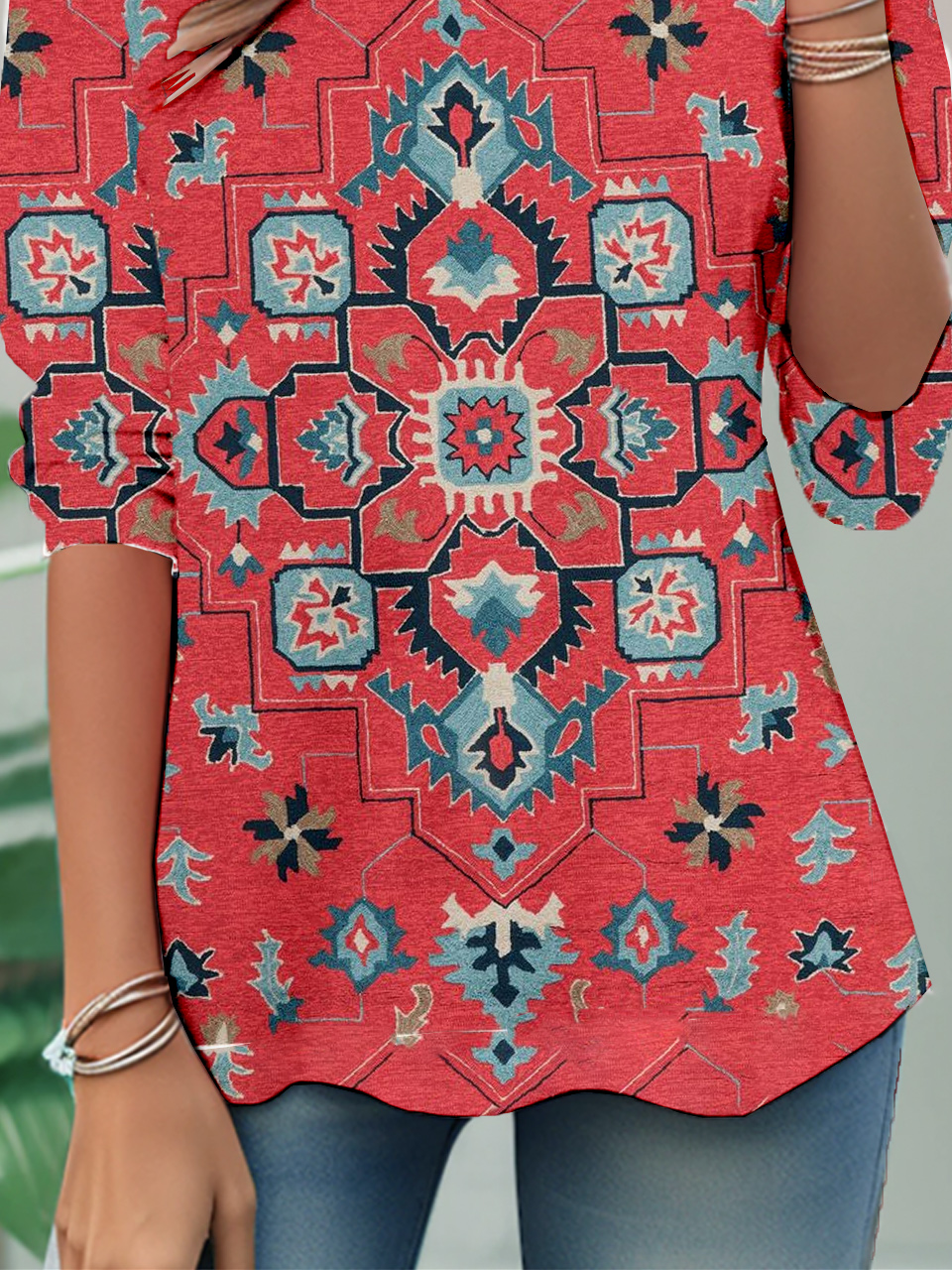 Lässig Ethnisch Rundhals Langarm T-Shirt