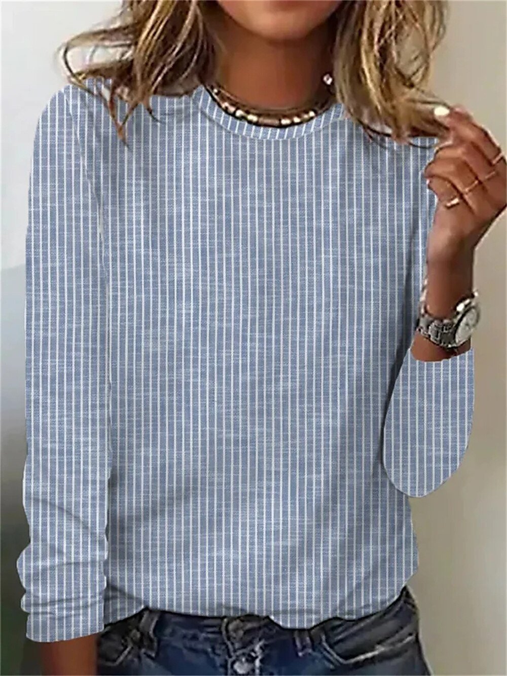 Lässig Gestreift Rundhals Langarm T-Shirt