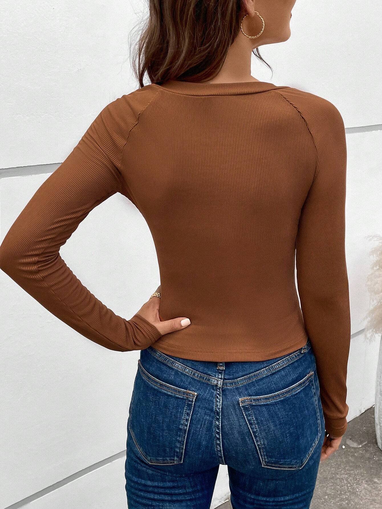 Rundhals Langarm Unifarben Kette Regelmäßig Regelmäßige Passform Bluse für Damen