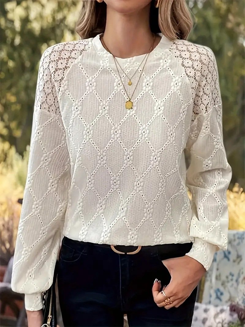 Rundhals Langarm Unifarben Spitze Regelmäßig Regelmäßige Passform Bluse für Damen
