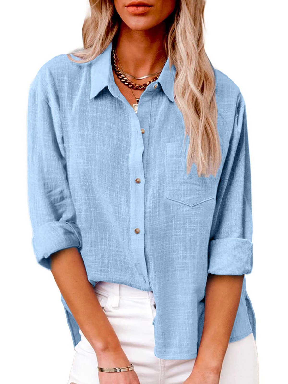 Hemdkragen Langarm Unifarben Regelmäßig Weit Bluse für Damen