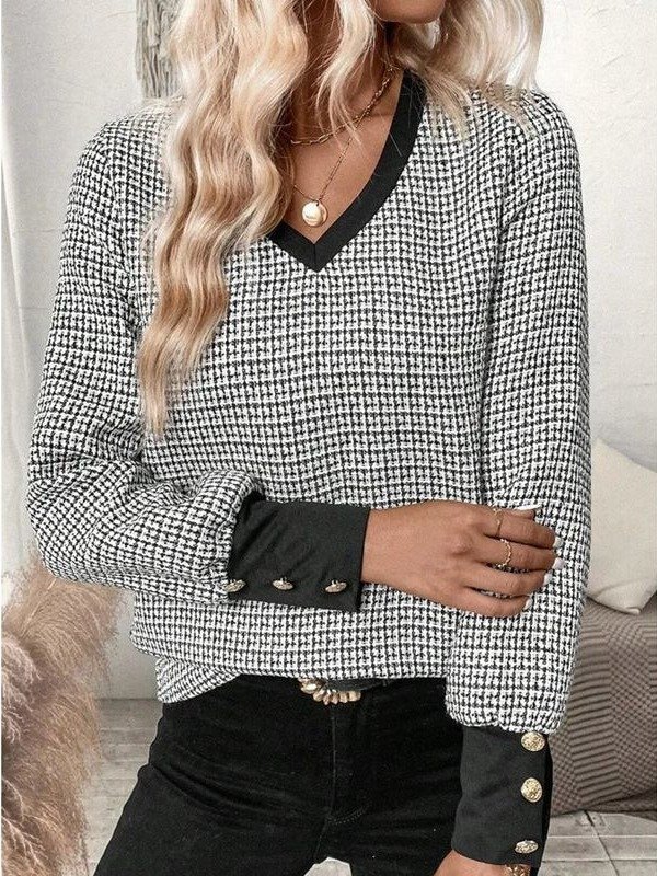 V-Ausschnitt Langarm Kariert Spitze Regelmäßig Regelmäßige Passform Bluse für Damen
