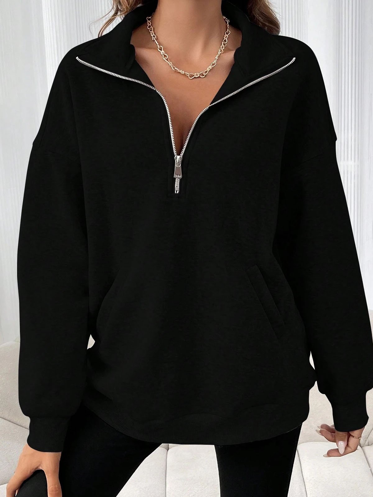 Lässig Schalkragen Unifarben Sweatshirt Reißverschluss