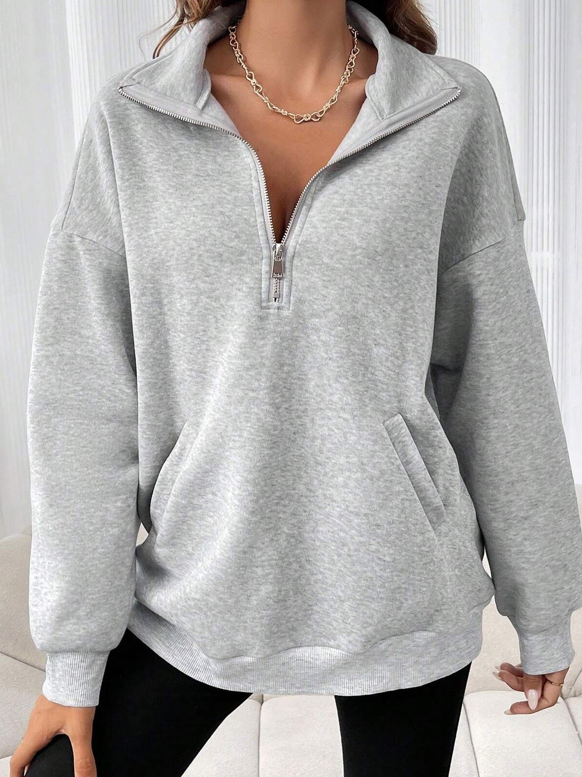 Lässig Schalkragen Unifarben Sweatshirt Reißverschluss