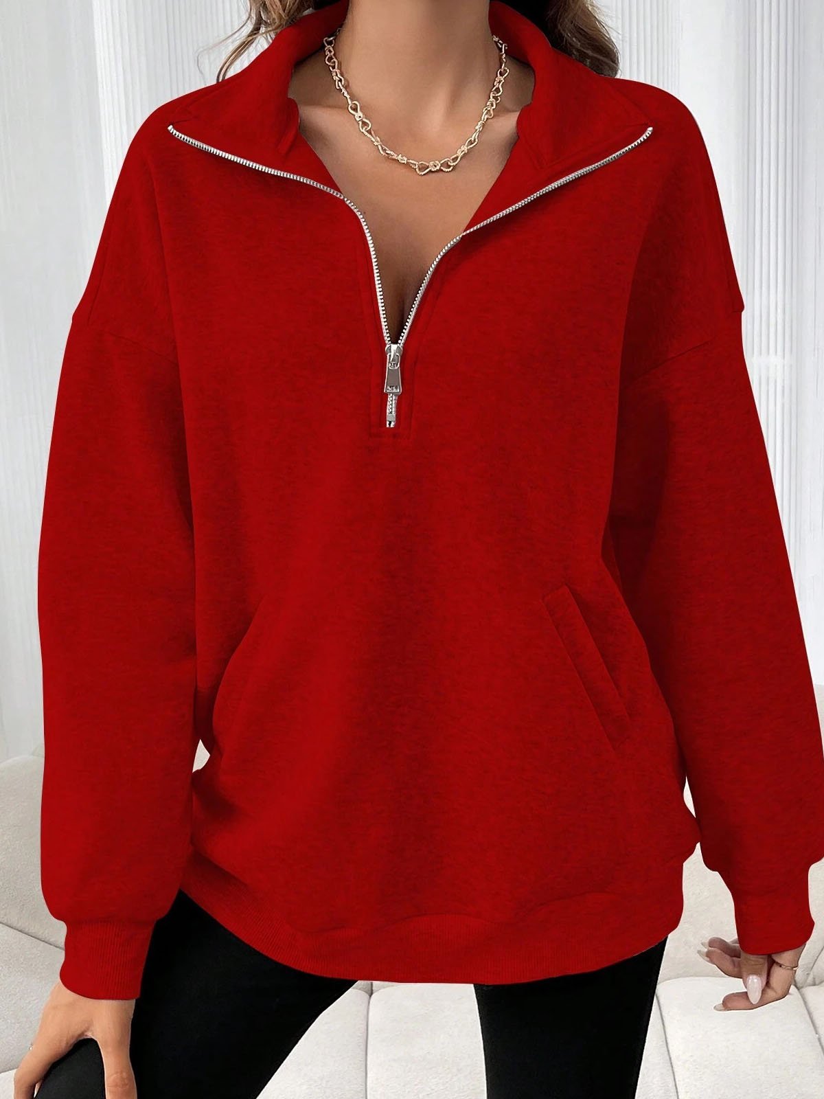 Lässig Schalkragen Unifarben Sweatshirt Reißverschluss